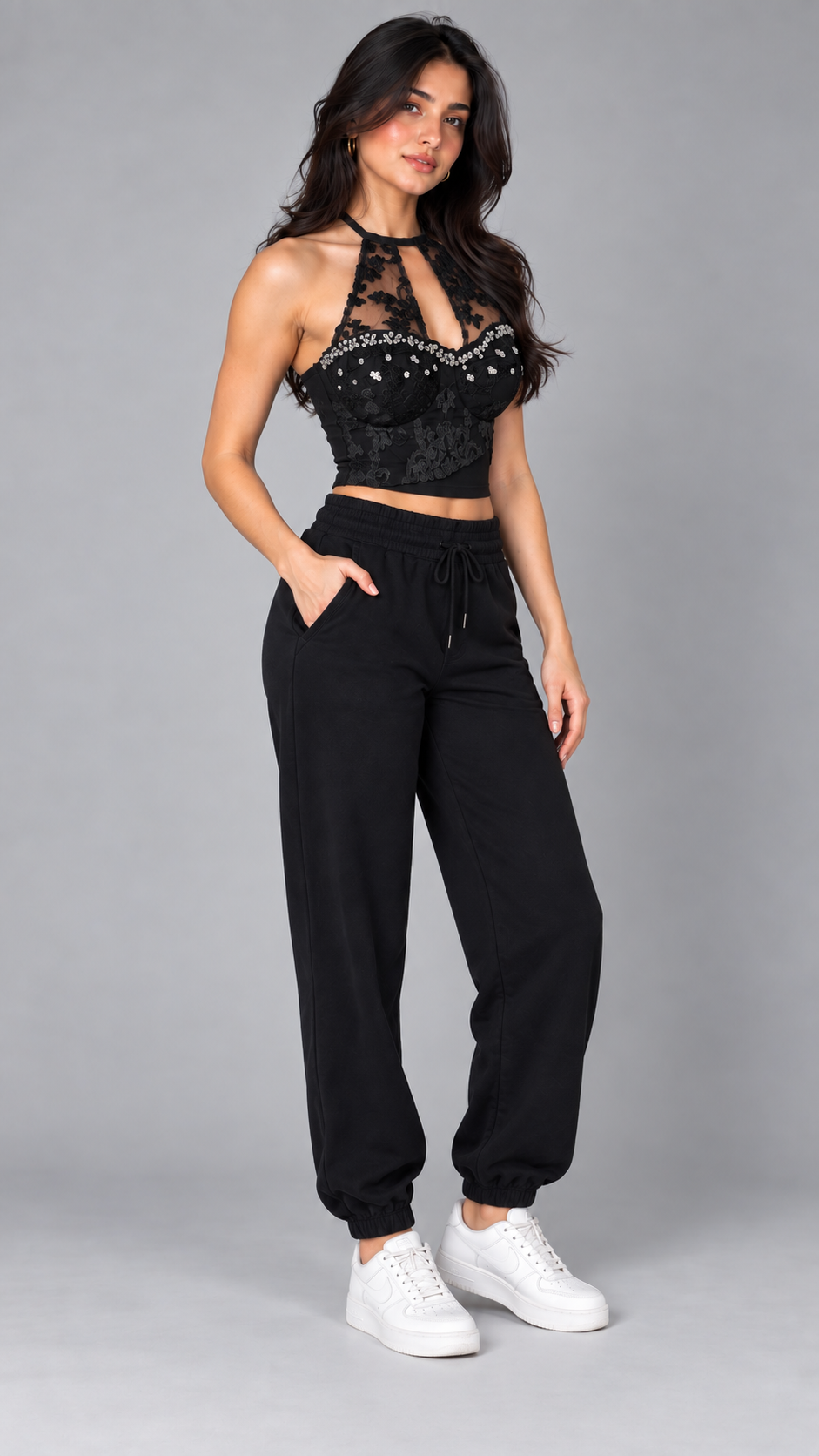 Black Embellished Lace Halter Crop Top
