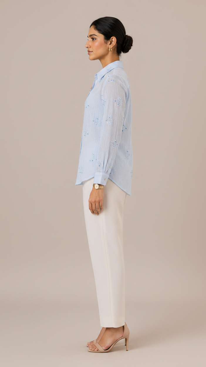 Pastel Blue Floral Embroidered Button-Down Shirt