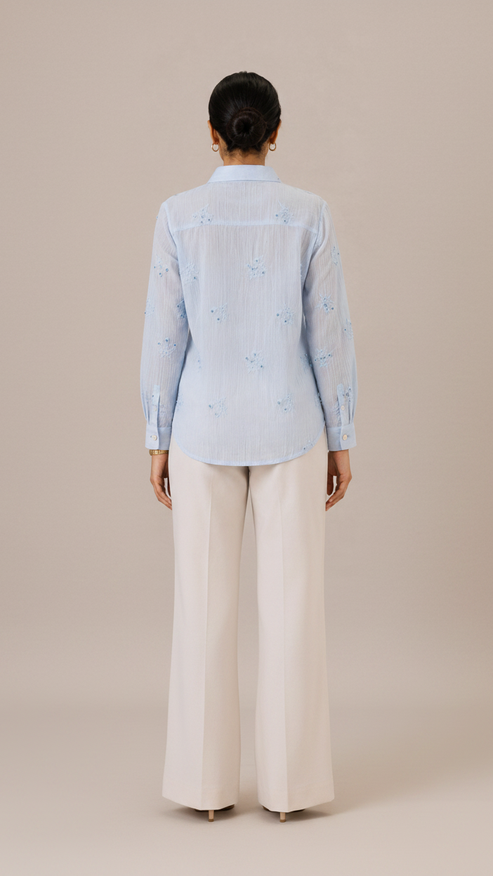 Pastel Blue Floral Embroidered Button-Down Shirt