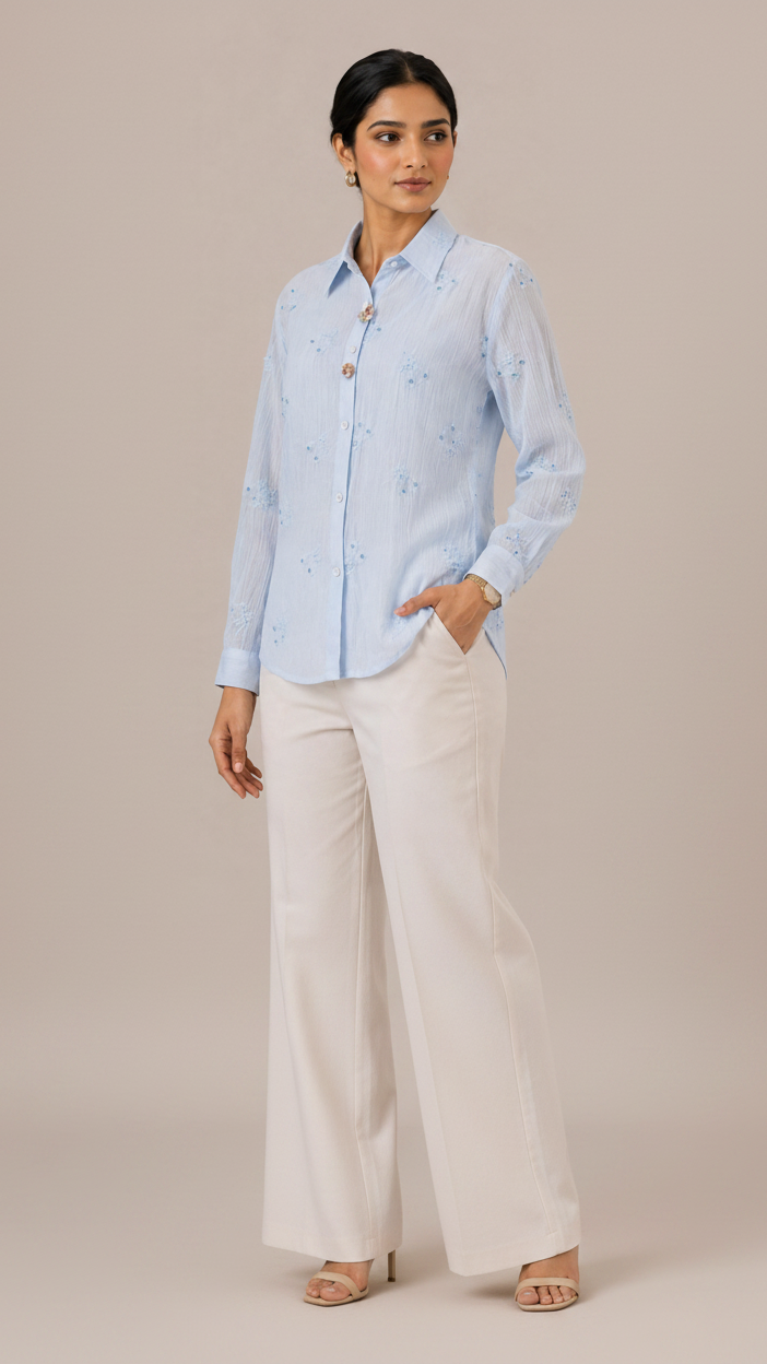 Pastel Blue Floral Embroidered Button-Down Shirt
