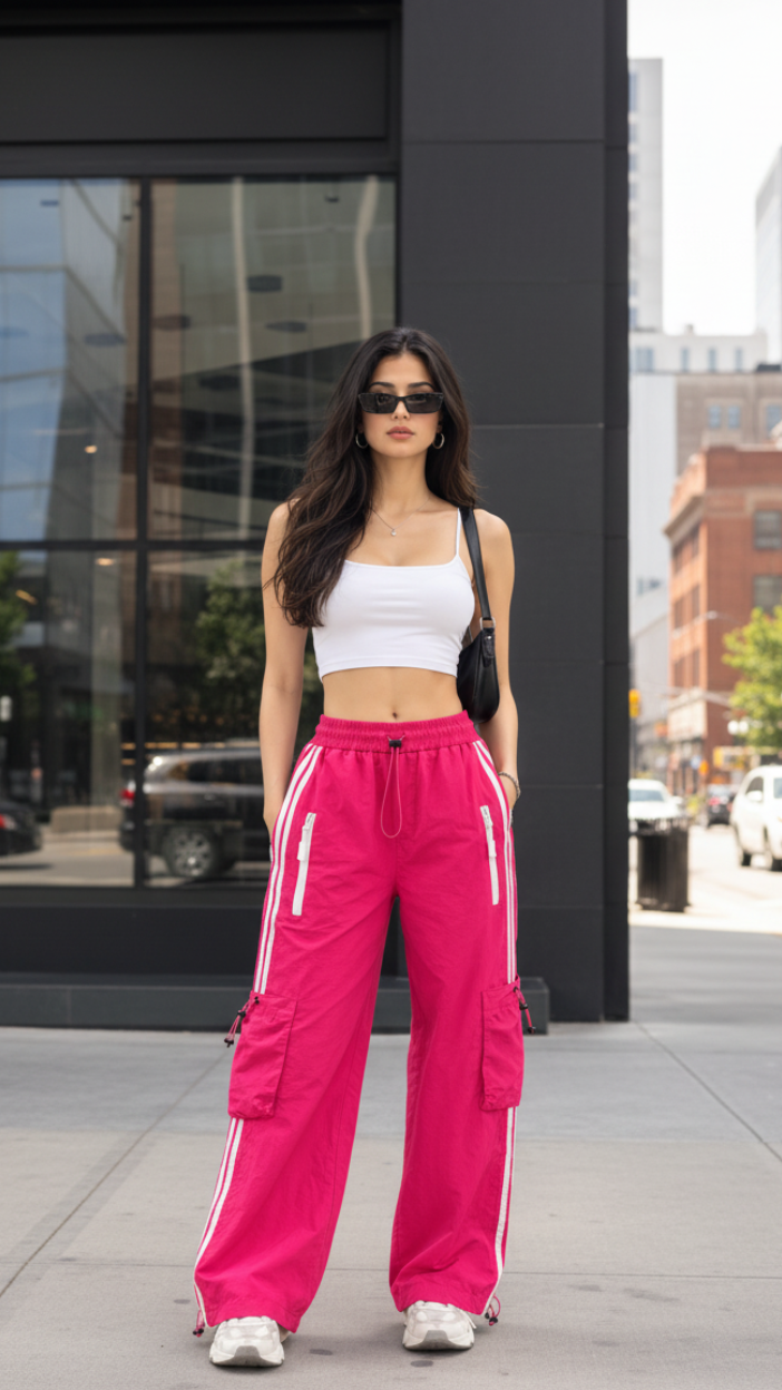 Hot Pink Striped Wide-Leg Cargo Joggers