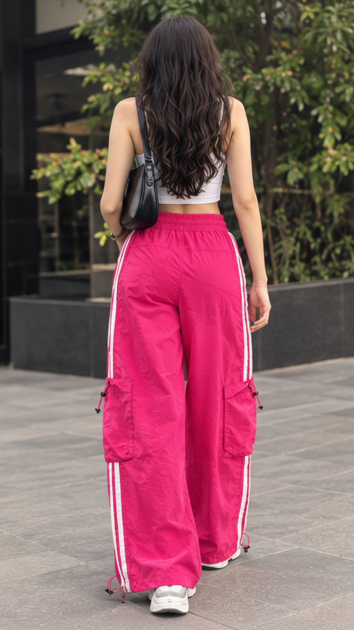 Hot Pink Striped Wide-Leg Cargo Joggers