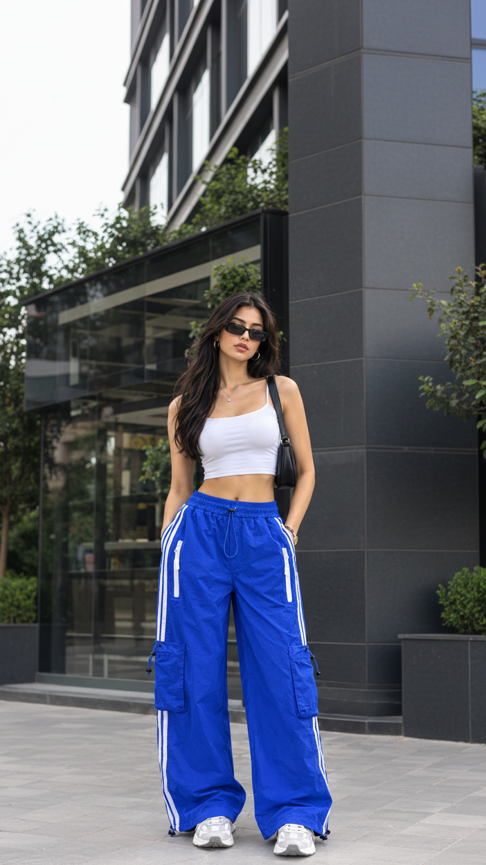 Royal Blue Striped Wide-Leg Cargo Joggers