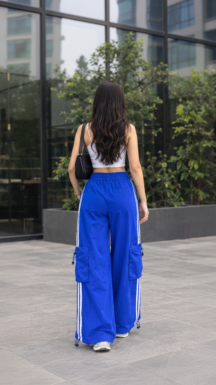 Royal Blue Striped Wide-Leg Cargo Joggers