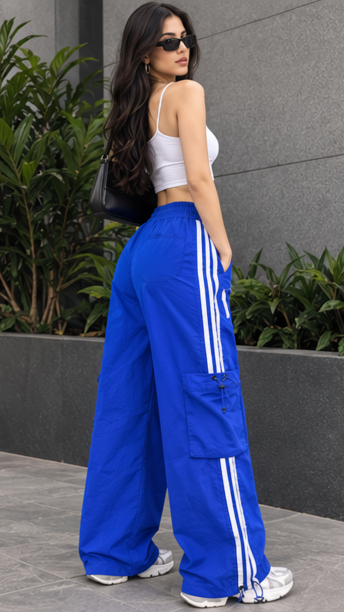 Royal Blue Striped Wide-Leg Cargo Joggers