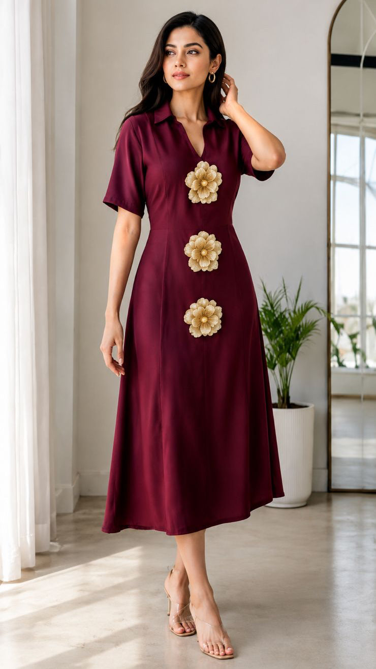 Maroon Elegance 3-Flower Embellished Midi Dress