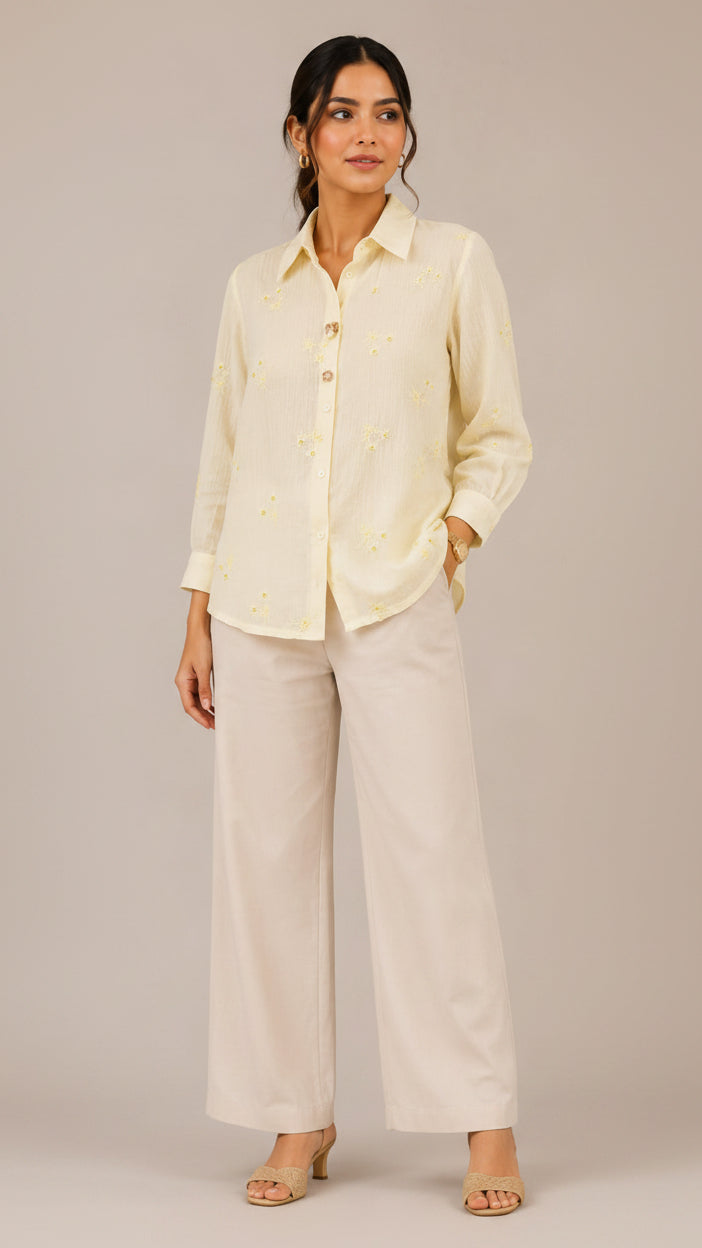 Pastel Yellow Floral Embroidered Button-Down Shirt