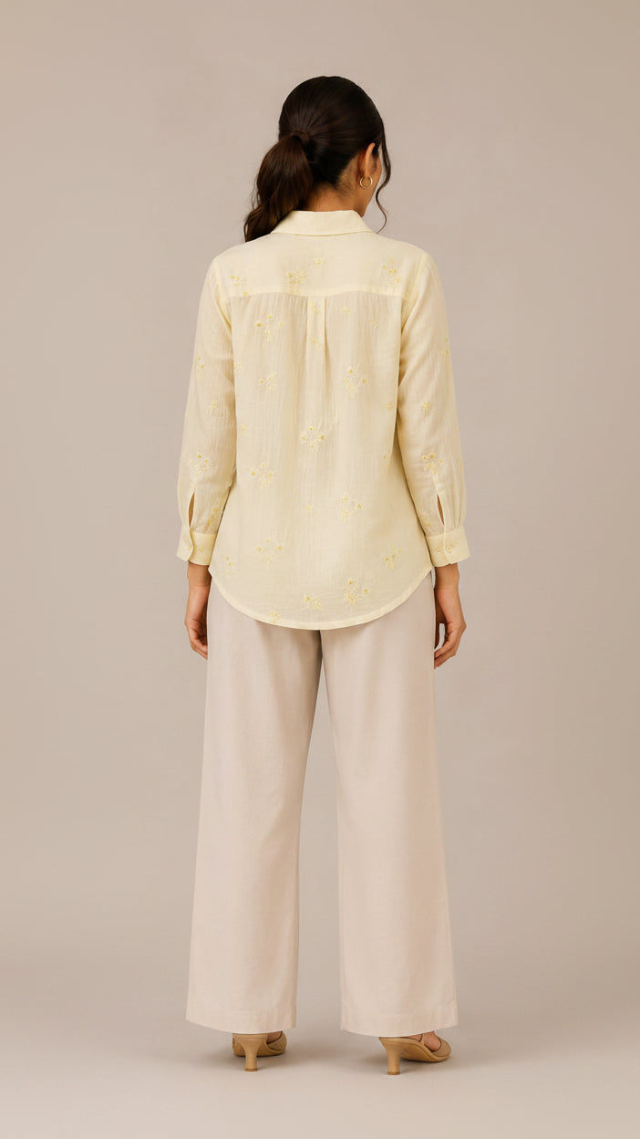 Pastel Yellow Floral Embroidered Button-Down Shirt
