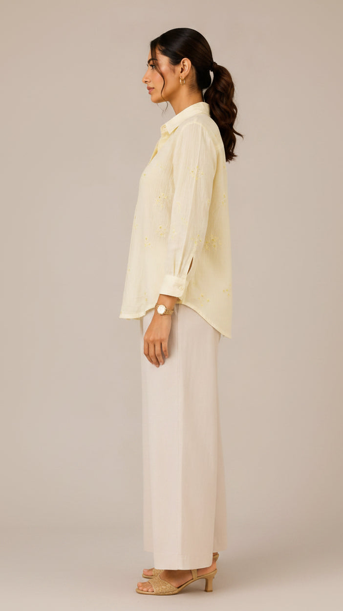 Pastel Yellow Floral Embroidered Button-Down Shirt