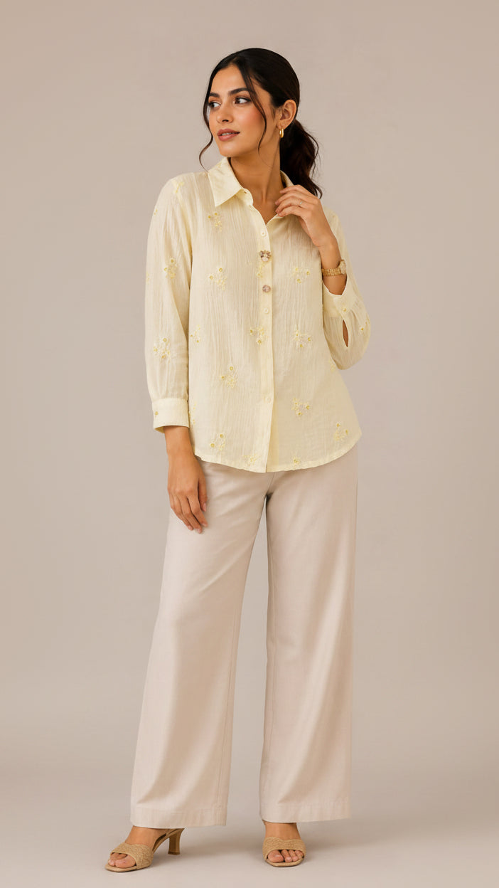 Pastel Yellow Floral Embroidered Button-Down Shirt