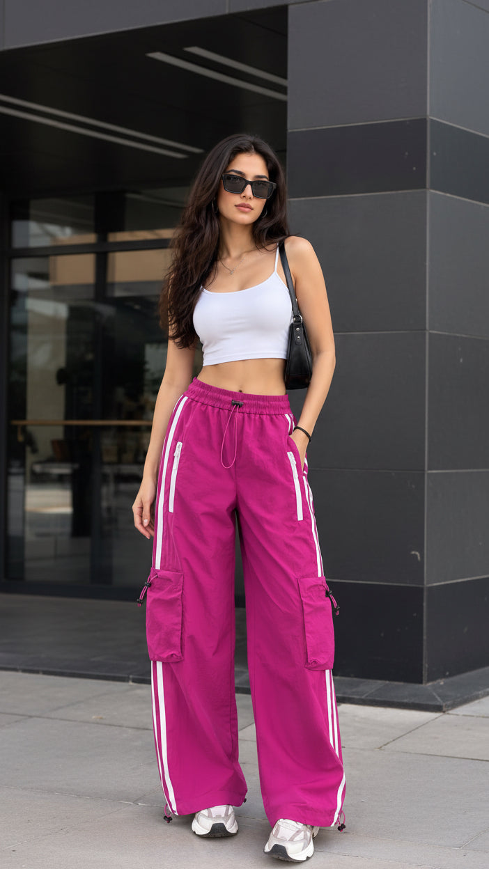Magenta Striped Wide-Leg Cargo Joggers