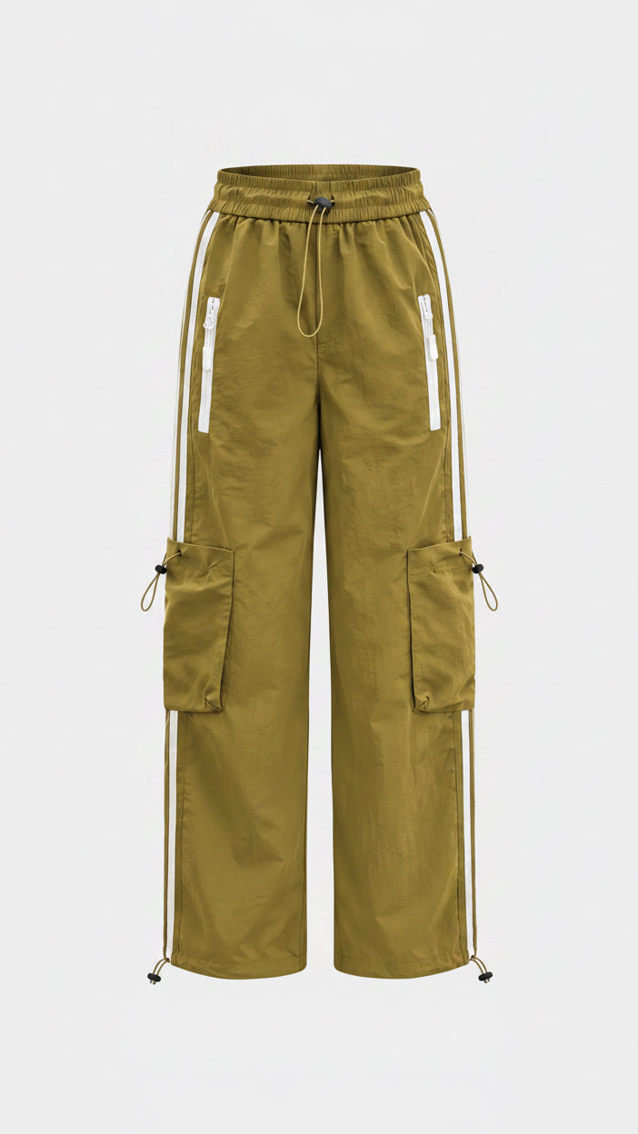 Olive Green Striped Wide-Leg Cargo Joggers