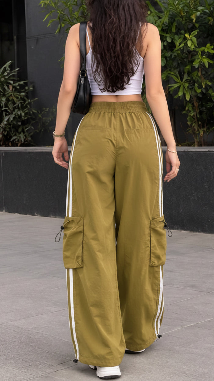 Olive Green Striped Wide-Leg Cargo Joggers