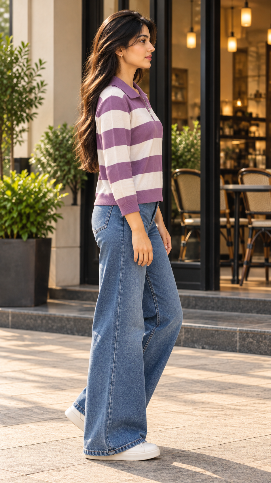 Lavender & Ivory Striped Zip-Neck Knit Polo