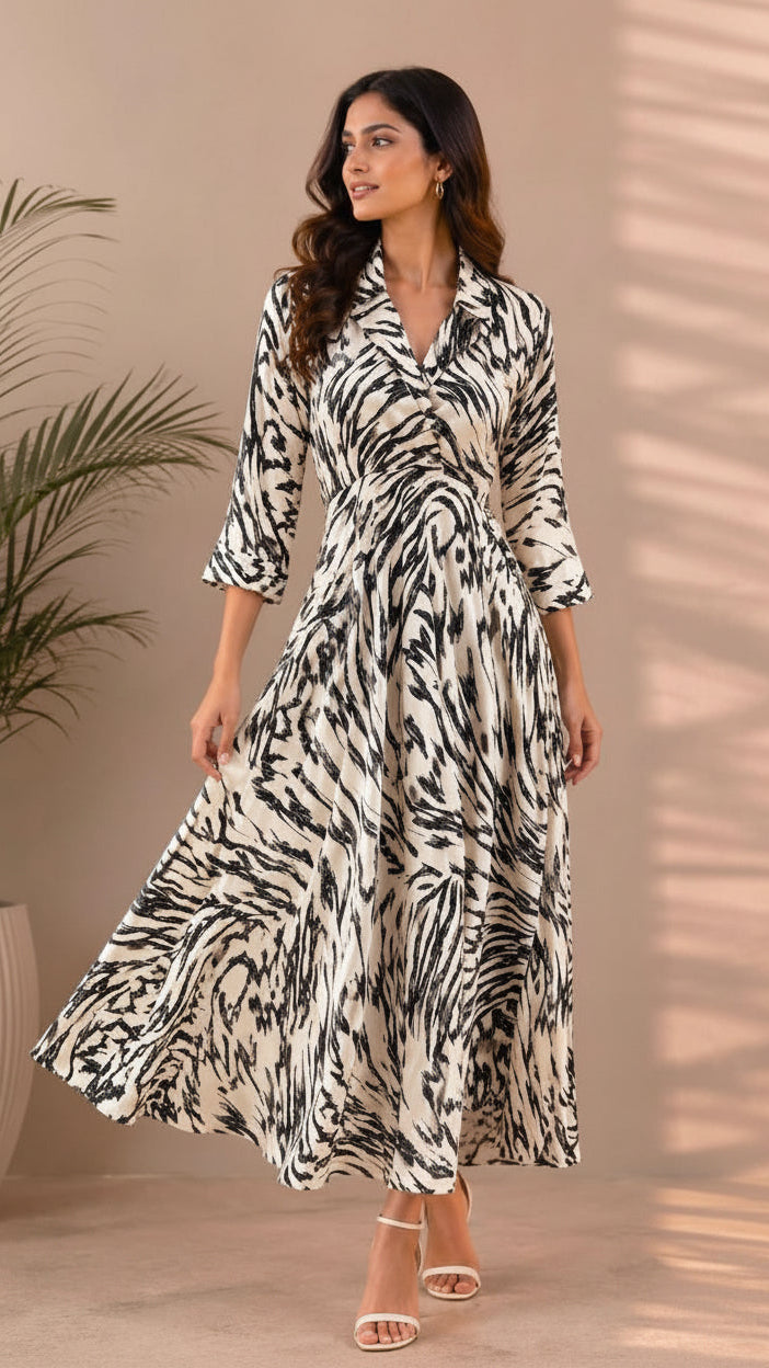 Monochrome Abstract Print Collared Midi Dress
