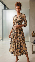 Earthy Abstract Print Wrap-Style Midi Dress