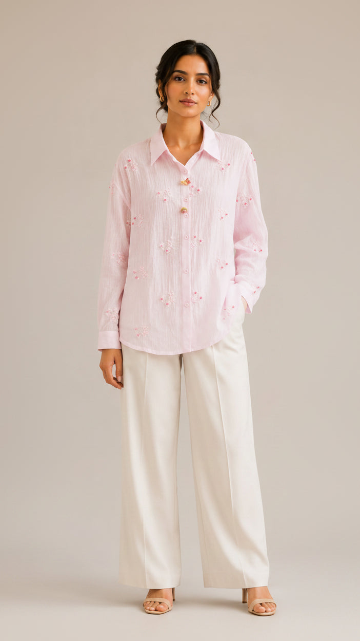 Pastel Pink Floral Embroidered Button-Down Shirt