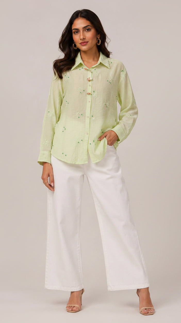 Pastel Green Embroidered Button-Down Shirt
