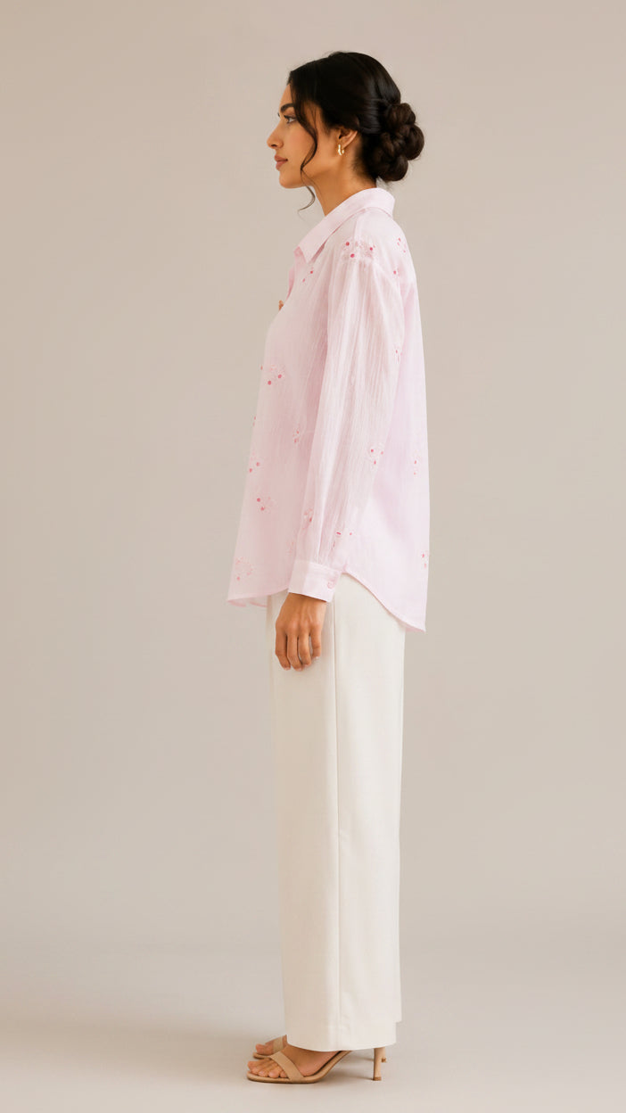 Pastel Pink Floral Embroidered Button-Down Shirt