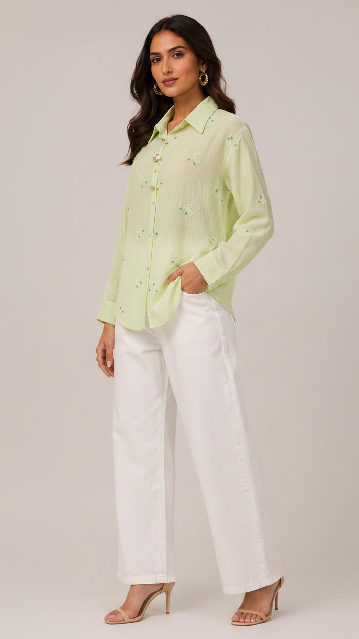Pastel Green Embroidered Button-Down Shirt
