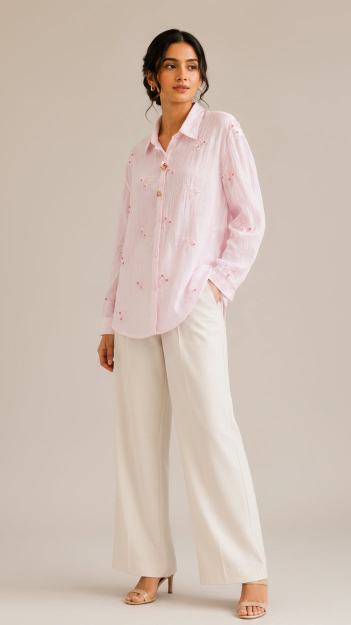 Pastel Pink Floral Embroidered Button-Down Shirt