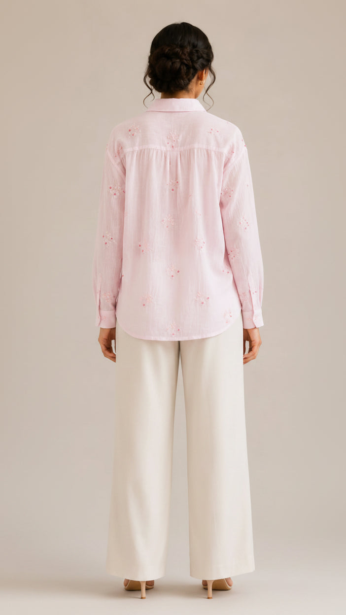 Pastel Pink Floral Embroidered Button-Down Shirt