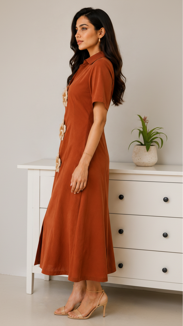 EBK FEMALE rust-orange midi dress with 3D beige floral appliqués, shirt collar, and V-neck, worn by a model.