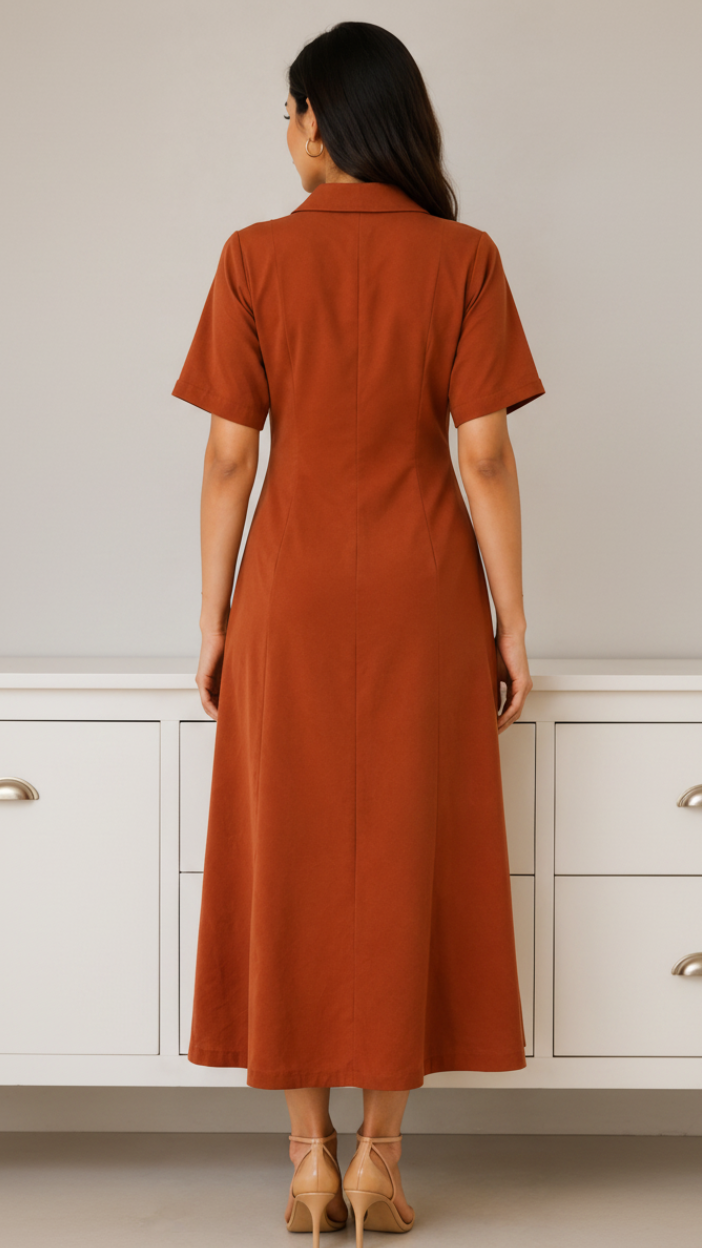 Terracotta Chic 3-Flower Embellished Midi Dress